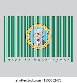 Barcode set the color of Washington flag, the states of America. The state seal, displaying an image of state namesake George Washington on green. text: Made in Washington. Concept of sale or business