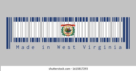 Barcode set the color of West Virginia flag. A pure white field bordered on four sides by a stripe of blue with the coat of arms in the center. text: Made in West Virginia. Concept of sale or business