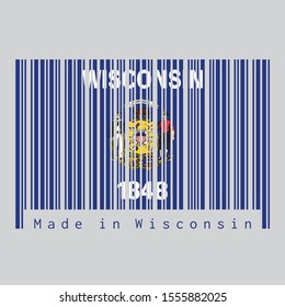 Barcode set the color of Wisconsin flag, the states of America. Coat of arms on dark blue field with the name of the state and the date 1848. text: Made in Wisconsin. Concept of sale or business.