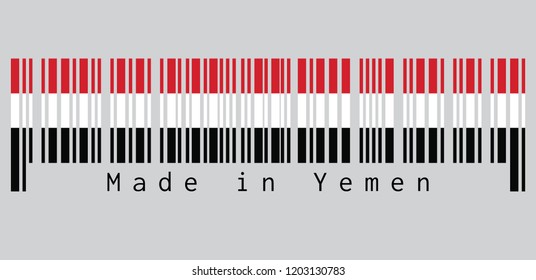 Barcode set the color of Yemen flag, a horizontal tricolour of red, white and black. text: Made in Yemen. concept of sale or business.