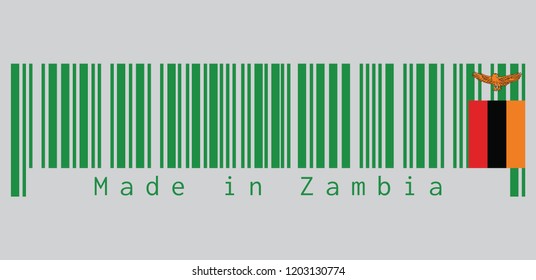 Barcode set the color of Zambia flag, A green field with an orange colored eagle in flight over a rectangular block of red black and orange. text: Made in Zambia. 