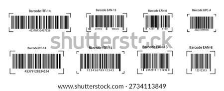 Barcode set of EAN-13, UPC, ITF symbols for store price tags. Realistic barcode icon. Scanner-ready designs with serial numbers, perfect for supermarket product labels and discount stickers.