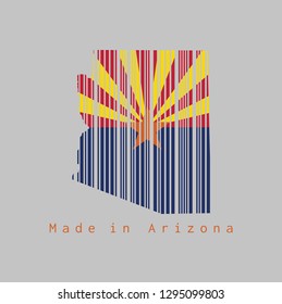 Barcode set the shape to Arizona map outline and the color of Arizona flag on grey background, text: Made in Arizona. The states of America, concept of sale or business.