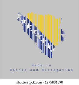 Barcode set the shape to Bosnia map outline and the color of Bosnia flag on grey background, text: Made in Bosnia and Herzegovina. concept of sale or business.