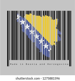 Barcode set the shape to Bosnia map outline and the color of Bosnia flag on black barcode with grey background, text: Made in Bosnia and Herzegovina. concept of sale or business.