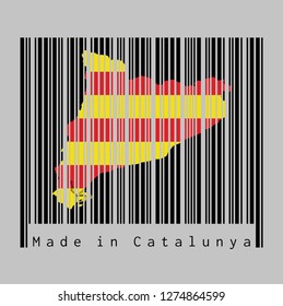 Barcode set the shape to Catalonia map outline and the color of Catalonia flag on black barcode with grey background, text: Made in Catalunya. concept of sale or business.
