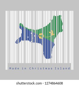 Barcode set the shape to Christmas Island map outline and the color of Christmas Island flag on white barcode with grey background, text: Made in Christmas Island. concept of sale or business.