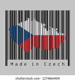 Barcode set the shape to Czech map outline and the color of Czech flag on black barcode with grey background, text: Made in Czech. concept of sale or business.
