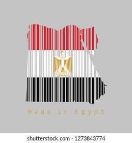 Barcode set the shape to Egypt map outline and the color of Egypt flag on grey background, text: Made in Egypt. concept of sale or business.