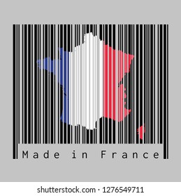 Barcode set the shape to France map outline and the color of France flag on black barcode with grey background, text: Made in France. concept of sale or business.