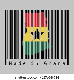 Barcode set the shape to Ghana map outline and the color of Ghana flag on black barcode with grey background, text: Made in Ghana. concept of sale or business.