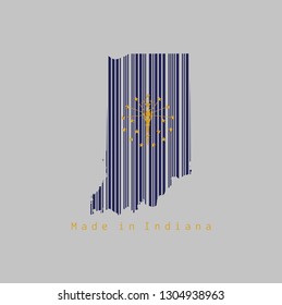 Barcode set the shape to Indiana map outline and the color of Indiana flag on grey background, text: Made in Indiana. The states of America, concept of sale or business.