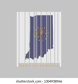 Barcode set the shape to Indiana map outline and the color of Indiana flag on white barcode with grey background, text: Made in Indiana. The states of America, concept of sale or business.