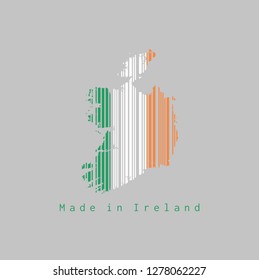 Barcode set the shape to Ireland map outline and the color of Ireland flag on grey background, text: Made in Ireland. concept of sale or business.