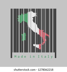 Barcode set the shape to Italy map outline and the color of Italy flag on black barcode with grey background, text: Made in Italy. concept of sale or business.