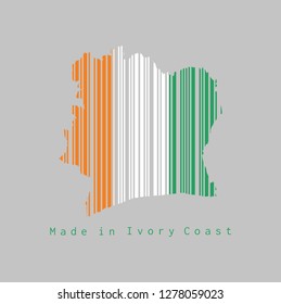 Barcode set the shape to Ivory Coast map outline and the color of Ivory Coast flag on grey background, text: Made in Ivory Coast. concept of sale or business.
