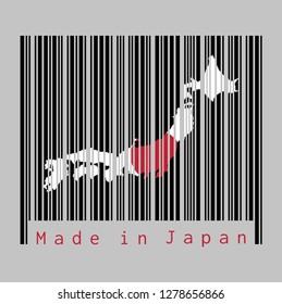 Barcode set the shape to Japan map outline and the color of Japan flag on black barcode with grey background, text: Made in Japan. concept of sale or business.