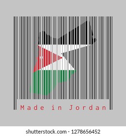 Barcode set the shape to Jordan map outline and the color of Jordan flag on dark grey barcode with grey background, text: Made in Jordan. concept of sale or business.