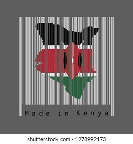 Barcode set the shape to Kenya map outline and the color of Kenya flag on light grey barcode with grey background, text: Made in Kenya. concept of sale or business.