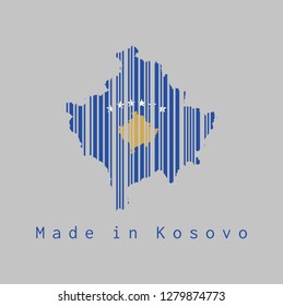 Barcode set the shape to Kosovo map outline and the color of Kosovo flag on grey background, text: Made in Kosovo. concept of sale or business.