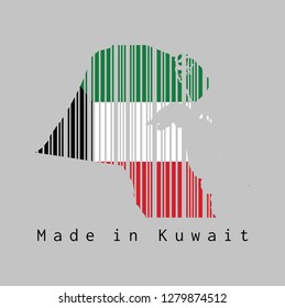 Barcode set the shape to Kuwait map outline and the color of Kuwait flag on grey background, text: Made in Kuwait. concept of sale or business.