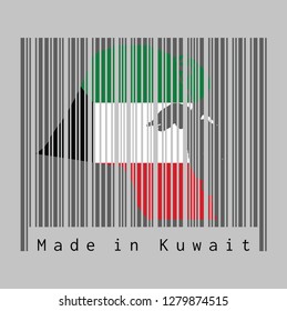 Barcode set the shape to Kuwait map outline and the color of Kuwait flag on dark grey barcode with grey background, text: Made in Kuwait. concept of sale or business.