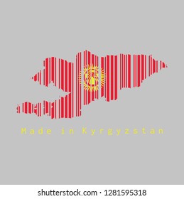 Barcode set the shape to Kyrgyzstan map outline and the color of Kyrgyzstan flag on grey background, text: Made in Kyrgyzstan. concept of sale or business.