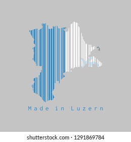 Barcode set the shape to Lucerne map outline and the color of Lucerne flag on grey background, text: Made in Luzern. concept of sale or business.