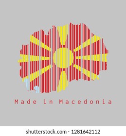 Barcode set the shape to Macedonia map outline and the color of Macedonia flag on grey background, text: Made in Macedonia. concept of sale or business.