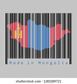 Barcode set the shape to Mongolia map outline and the color of Mongolia flag on black barcode with grey background, text: Made in Mongolia. concept of sale or business.
