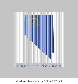 Barcode set the shape to Nevada map outline and the color of Nevada flag on white barcode with grey background, text: Made in Nevada. The states of America. concept of sale or business.