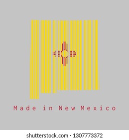 Barcode set the shape to New Mexico map outline and the color of New Mexico flag on grey background, text: Made in New Mexico. The states of America.