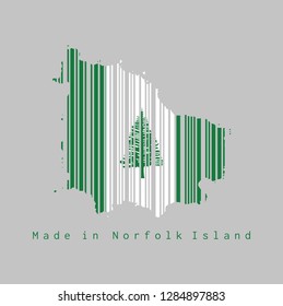 Barcode set the shape to Norfolk map outline and the color of Norfolk flag on grey background, text: Made in Norfolk Island. concept of sale or business.