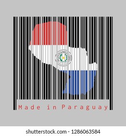 Barcode set the shape to Paraguay map outline and the color of Paraguay flag on black barcode with grey background, text: Made in Paraguay. concept of sale or business.