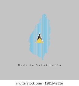 Barcode set the shape to Saint Lucia map outline and the color of Saint Lucia flag on grey background, text: Made in Saint Lucia. concept of sale or business.