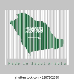 Barcode set the shape to Saudi Arabia map outline and the color of Saudi Arabia flag on white barcode with grey background, text: Made in Saudi Arabia. concept of sale or business.