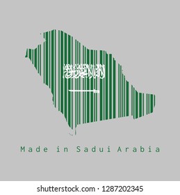 Barcode set the shape to Saudi Arabia map outline and the color of Saudi Arabia flag on grey background, text: Made in Saudi Arabia. concept of sale or business.