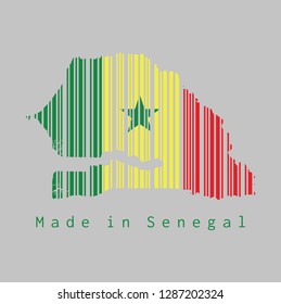 Barcode set the shape to Senegal map outline and the color of Senegal flag on grey background, text: Made in Senegal. concept of sale or business.