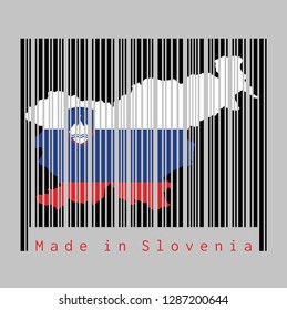 Barcode set the shape to Slovenia map outline and the color of Slovenia flag on black barcode with grey background, text: Made in Slovenia. concept of sale or business.