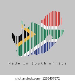 Barcode set the shape to South African map outline and the color of South African flag on grey background, text: Made in Saudi Arabia. concept of sale or business.