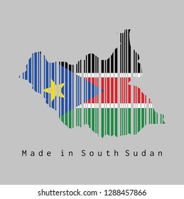Barcode set the shape to South Sudan map outline and the color of South Sudan flag on grey background, text: Made in South Sudan. concept of sale or business.