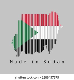 Barcode set the shape to Sudan map outline and the color of Sudan flag on grey background, text: Made in Sudan. concept of sale or business.