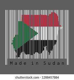 Barcode set the shape to Sudanese map outline and the color of Sudan flag on grey barcode with dark grey background, text: Made in Sudan. concept of sale or business.