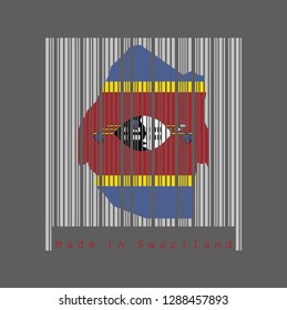 Barcode set the shape to Swaziland map outline and the color of Swaziland flag on grey barcode with dark grey background, text: Made in Swaziland. concept of sale or business.