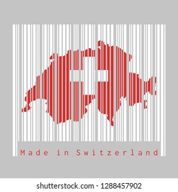 Barcode set the shape to Switzerland map outline and the color of Switzerland flag on white barcode with grey background, text: Made in Switzerland. concept of sale or business.