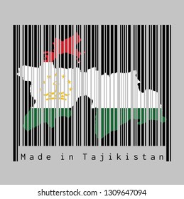 Barcode set the shape to Tajikistan map outline and the color of Tajikistan flag on black barcode with grey background, text: Made in Tajikistan. The states of America.