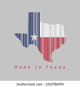 Barcode set the shape to Texas map outline and the color of Texas flag on grey background, text: Made in Texas. The states of America.