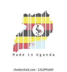 Barcode set the shape to Uganda map outline and the color of Uganda flag on white background, text: Made in Uganda. concept of sale or business.
