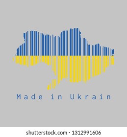 Barcode set the shape to Ukraine map outline and the color of Ukraine flag on grey background, text: Made in Ukraine. concept of sale or business.