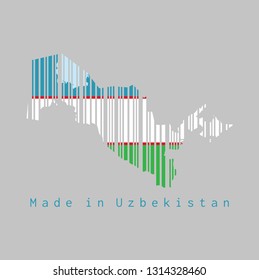 Barcode set the shape to Uzbekistan map outline and the color of Uzbekistan flag on grey background, text: Made in Uzbekistan.
